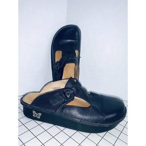 Black Leather Mule Clogs with Adjustable Strap